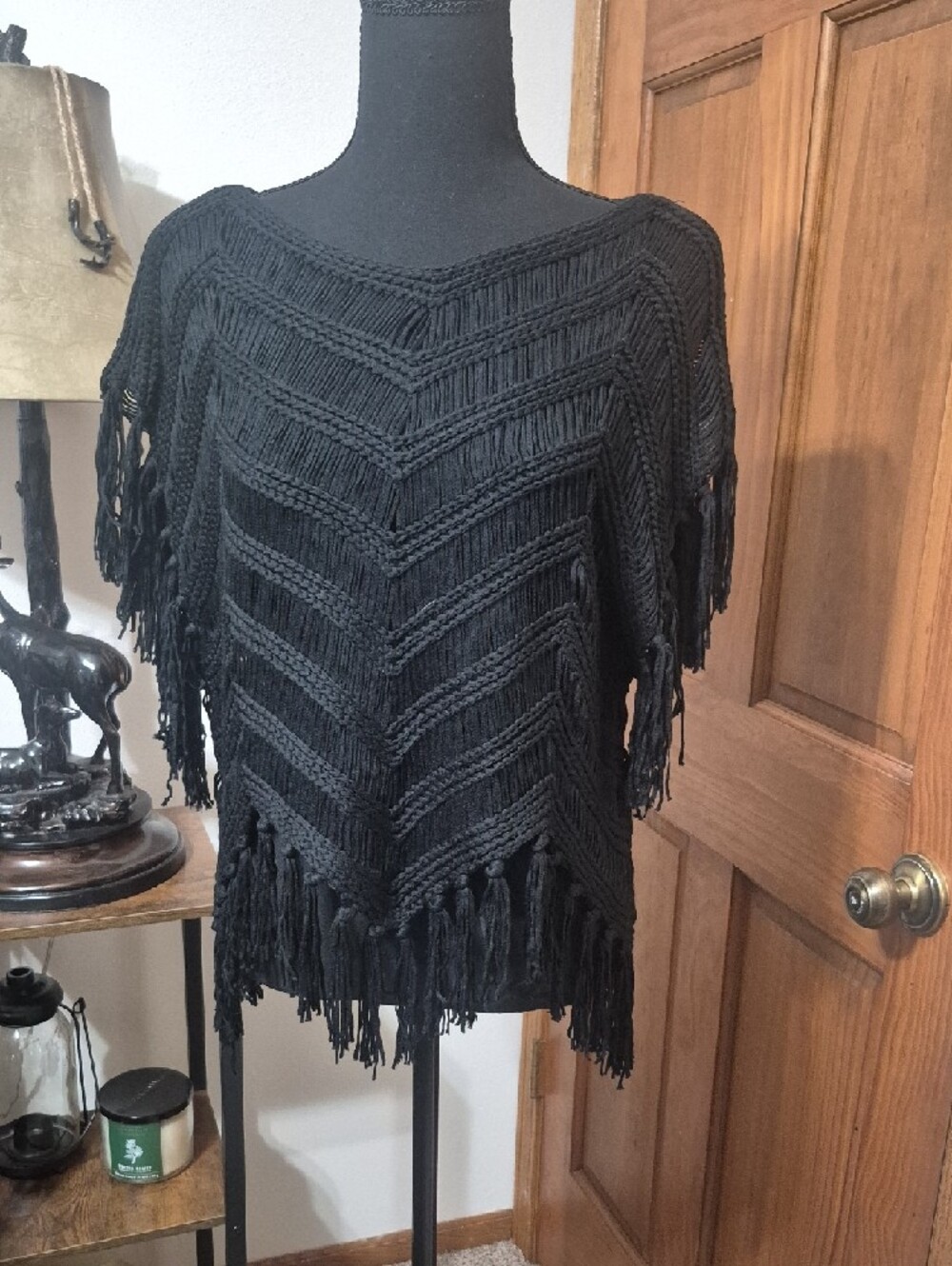 New In Black Fringed Knit Top - V-Neck
